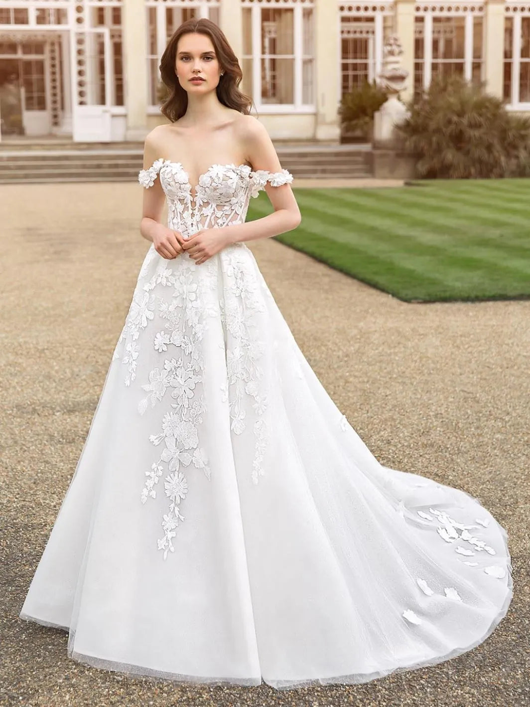 Ivory Lace Wedding Dresses Off The Shoulder Corset Bride Dress Elegant A Line Side Split Bride Wedding Gowns