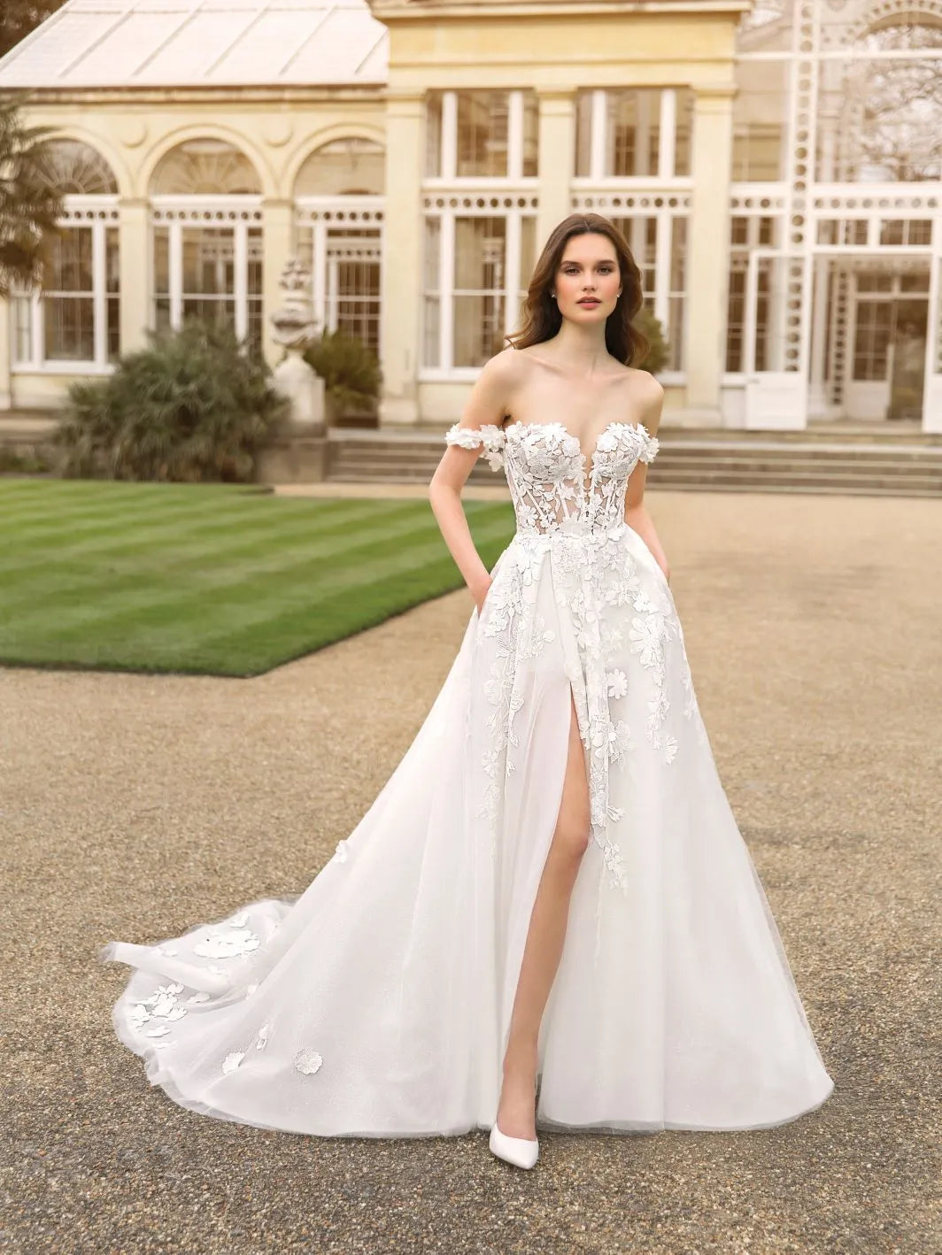 Ivory Lace Wedding Dresses Off The Shoulder Corset Bride Dress Elegant A Line Side Split Bride Wedding Gowns