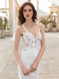 Boho Lace Mermaid Wedding Dress Sexy V Neck Appliques Bride Dresses Puff Tulle Wedding Bridal Gowns