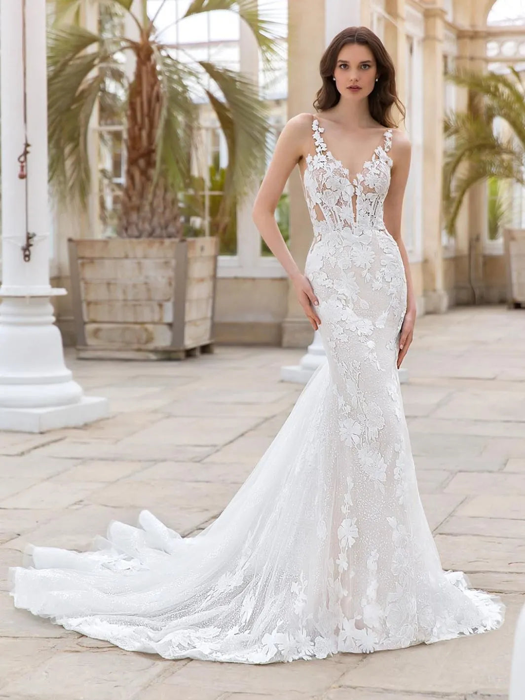 Boho Lace Mermaid Wedding Dress Sexy V Neck Appliques Bride Dresses Puff Tulle Wedding Bridal Gowns
