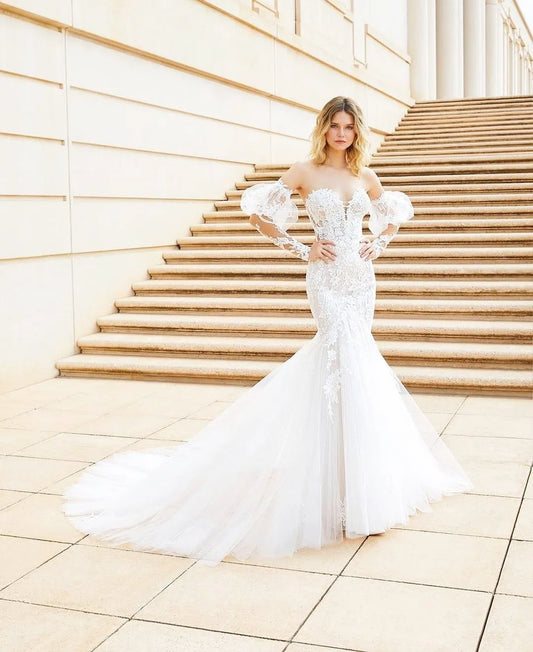 Elegant Mermaid Wedding Dress Sweetheart Long Sleeve Lace Open Back Tulle Bridal Gown Sweep Train Vestido De Novia Ivory