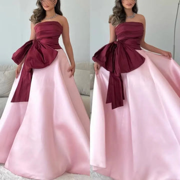 Amanda Satin A-line Strapless Ruffle Arab Prom Gown Bow Floor Length Saudi Evening Formal Elegant Party Dress for Women