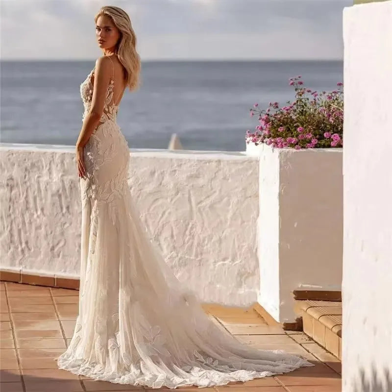 Luxury Mermaid Wedding Dresses Women Lace Open Back V-Neck Spaghetti Straps Bridal Gown Sweep Train Vestidos De Novia