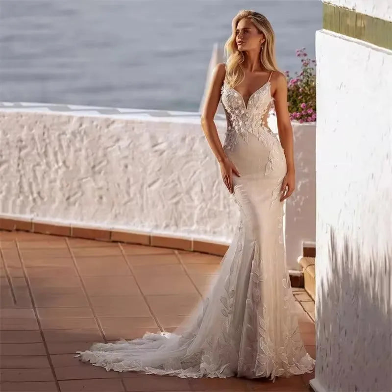 Luxury Mermaid Wedding Dresses Women Lace Open Back V-Neck Spaghetti Straps Bridal Gown Sweep Train Vestidos De Novia