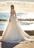 Princess High Neck Wedding Dresses Long Sleeve Lace Appliques Modern Button Bride Gowns Illusion Backless vestido de casamento