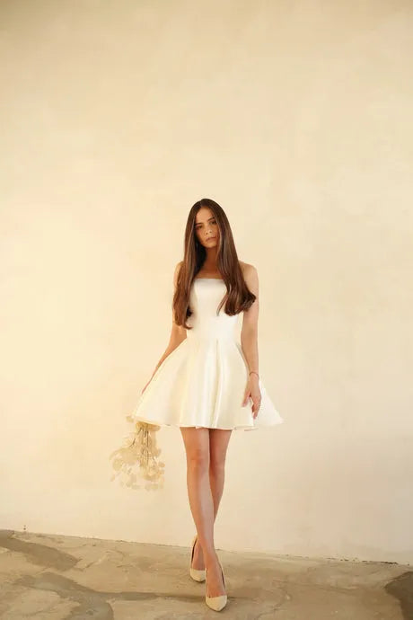 Simple Short Strapless Wedding Dress For Women Soft Satin Sleeveless Pleat Bridal Gowns Ruffle A-Line Vestido de Novia