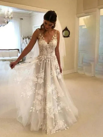 Bohemian Wedding Dress Sexy Deep V-neck Lace Robe De Mariée Appliques Sleeveless Vestidos De Novia
