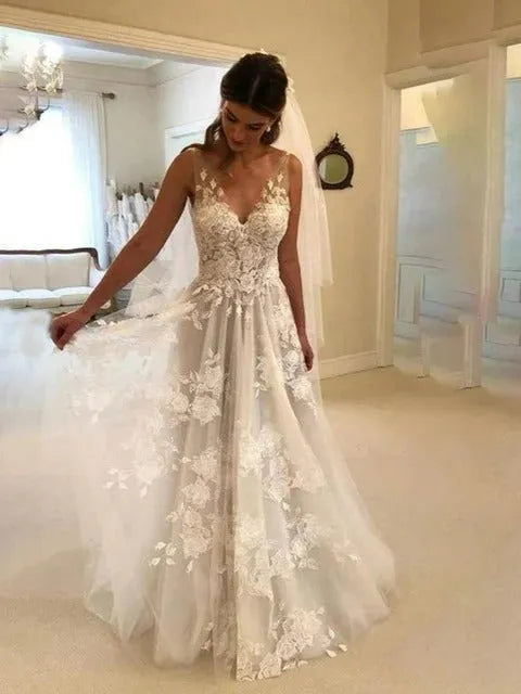 Bohemian Wedding Dress Sexy Deep V-neck Lace Robe De Mariée Appliques Sleeveless Vestidos De Novia