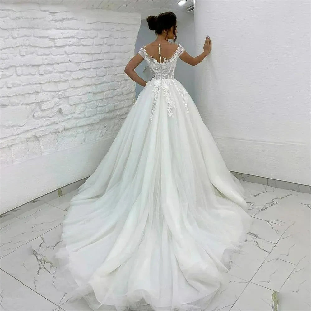 Classic White Tulle Wedding Dress Sleeveless 3D Flowers A-Line Floor-Length Bridal Gown Custom Made Women Formal Evening Dress