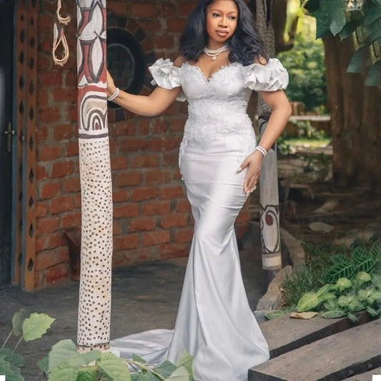 Graceful Off the Shoulder Mermaid Wedding Dresses Sheer Neck Lace up Back Sweep Train Applique Beaded Bridal Gowns De Mariee