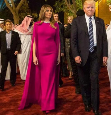 Fuchsia Arabic Celebrity Dresses Long Sleeve Floor Length Dubai Red Carpet Evening Dress Prom Gowns Beaded Party Gown