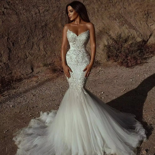 Chic Backless Crystals Lace Mermaid Wedding Dresses Sexy Strapless V Neck Appliques Tulle Bridal Gowns Custom Made