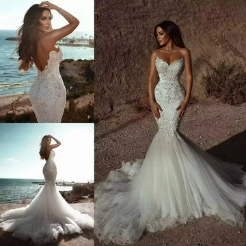 Chic Backless Crystals Lace Mermaid Wedding Dresses Sexy Strapless V Neck Appliques Tulle Bridal Gowns Custom Made