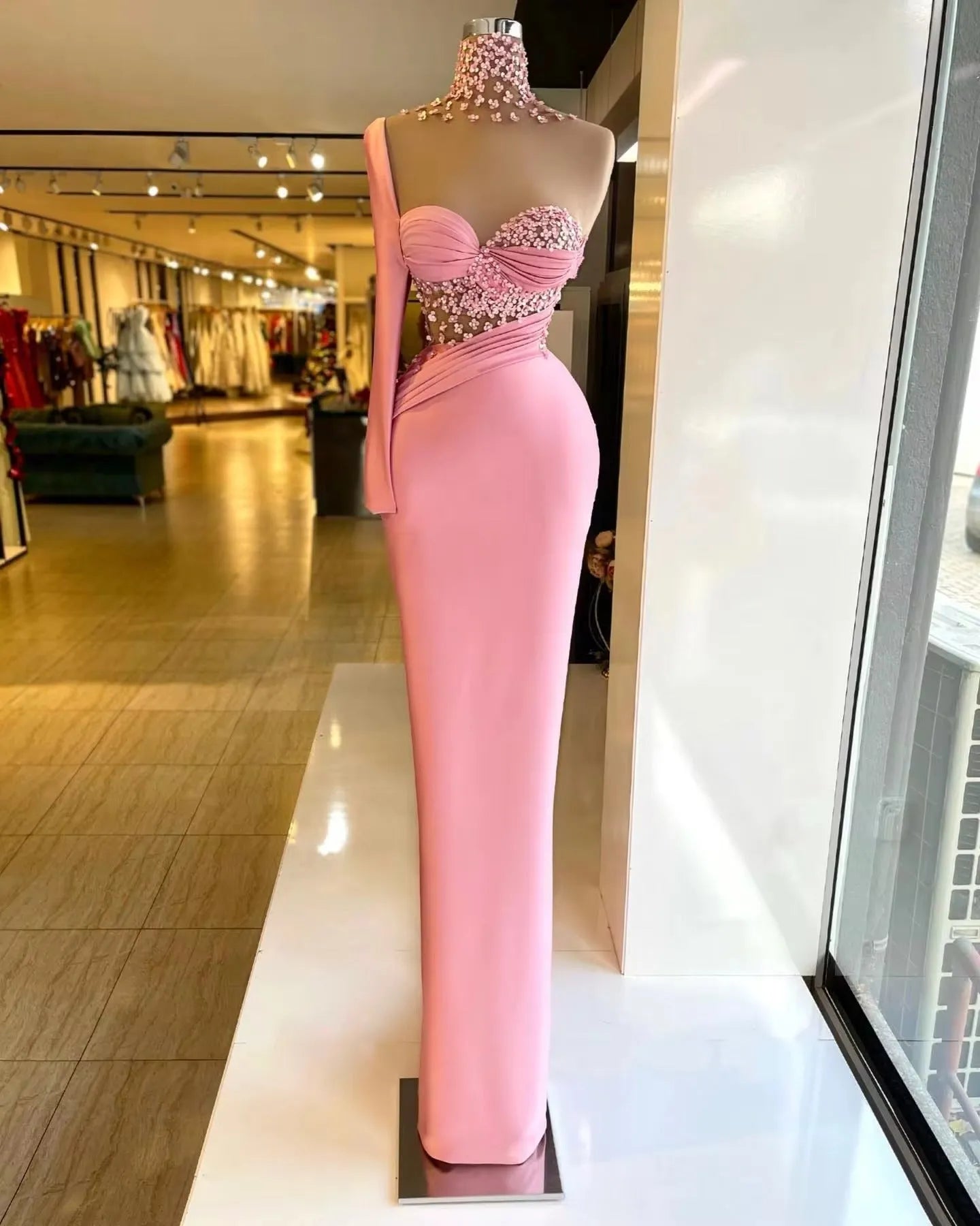 Vestidos de fiesta de sirena rosa con lentejuelas de satén suave, mang