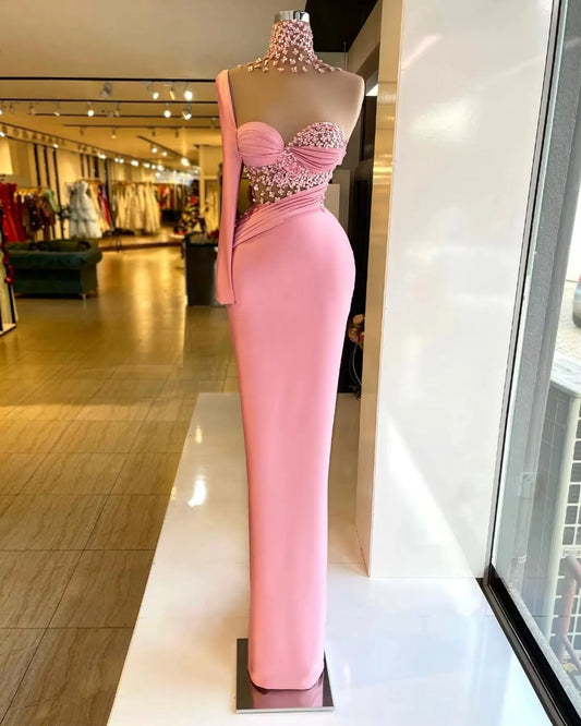 Pink Mermaid Prom Dresses Soft Satin Sequin Long Sleeves Formal Evening Party Gowns High Neck Dubai Women Prom Gowns