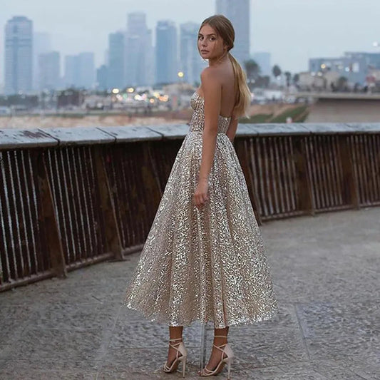 New Glitter A Line Short Prom Dress Sweetheart Backless Ankle Length Evening Gowns Shiny Women Formal Party Dress