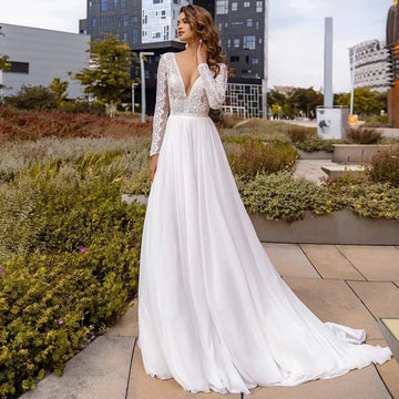 Long Sleeve Bohemia A Line Lace Wedding Dress Sexy V-neck Applique Lace Backless vestidos de noviaSweepTrain Bride To Be White