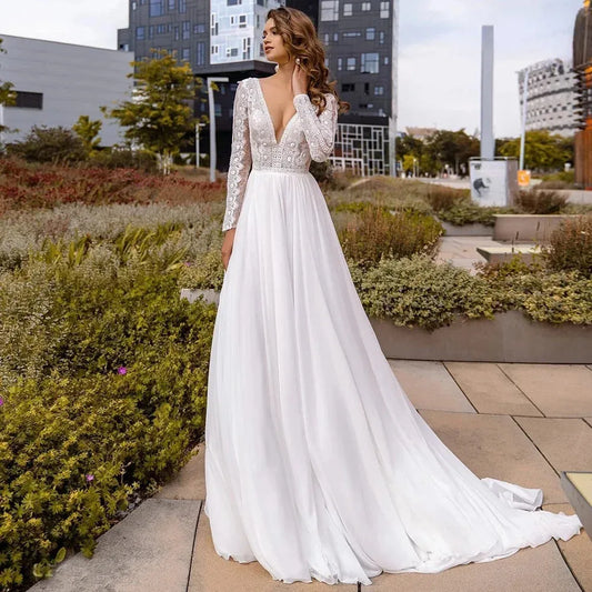 Long Sleeve Bohemia A Line Lace Wedding Dress Sexy V-neck Applique Lace Backless vestidos de noviaSweepTrain Bride To Be White