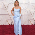 Light Blue Mermaid Satin Oscars Celebrity Dress Pleats Strapless Long Evening Gowns Floor Length Red Carpet Dresses