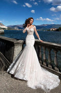 Charming Lace Wedding Dresses Appliques Full Sleeves Floor-Length Robe Mermaid Bridal Dress Sexy Tulle Vestidos De Novia