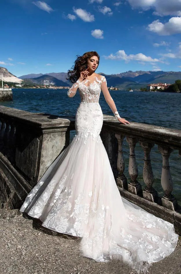 Charming Lace Wedding Dresses Appliques Full Sleeves Floor-Length Robe Mermaid Bridal Dress Sexy Tulle Vestidos De Novia