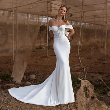 Elegant Mermaid Sweetheart Wedding Dresses White Women Lace Applique Off The Shoulder Satin Bridal Gown Vestidos De Novia Custom Color