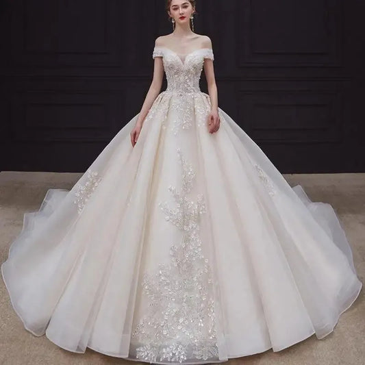 Luxury Handmade Boat Neck Wedding Dress With Train Lace Flower Bridal Dress Elegant Off The Shoulder Ball Gown Robe De Mariee Off white floor