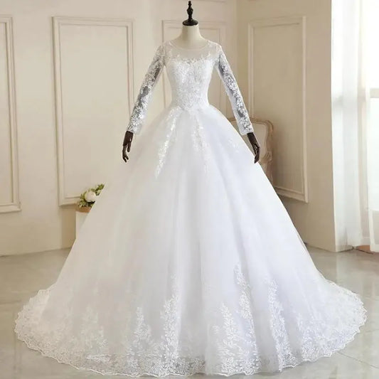 Vestido De Noiva Pure White Full Sleeve Wedding Dress With Train Princess Luxury Wedding Dress Robe De Mariee Plus Size