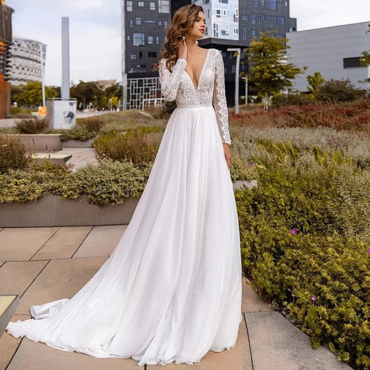 Long Sleeve Bohemia A Line Lace Wedding Dress Sexy V-neck Applique Lace Backless vestidos de noviaSweepTrain Bride To Be