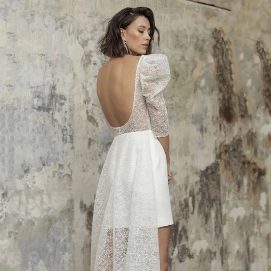 Mini Short Shiny Wedding Dress With Train Sheath Half Sleeve Simple O-Neck vestidos de novia Backless Bridal Gown Floor Length