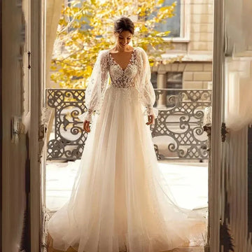 Sheer V-neck with Lace Flowers Applique Long Sleeves Iovry Wedding Dress Tulle xvideos noiva Bridal Dress White