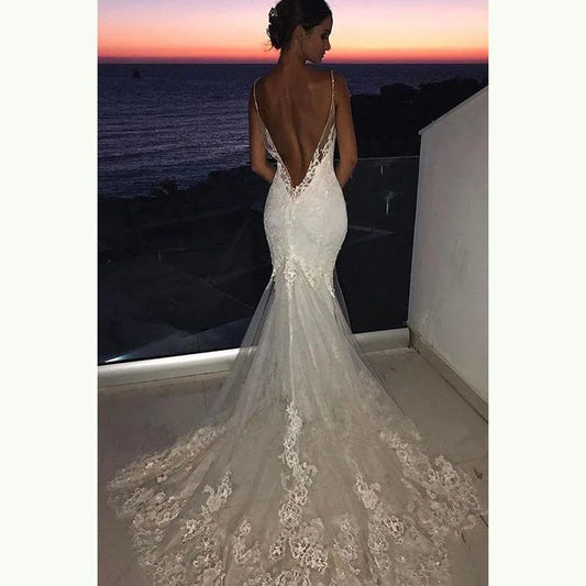 Sexy White Mermaid Wedding Dresses Lace Open Back Spaghetti Straps Appliqued Bridal Gowns Elegant Vintage Vestidos De Novia