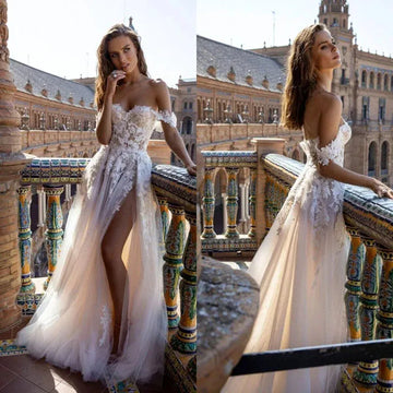 Boho Tull Wedding Dresses Off the Shoulder Lace Appliques A Line Beach Bridal Gown Sexy High Split Wedding Gowns