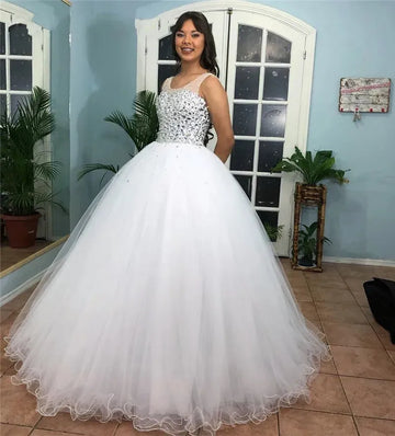 Cap Shoulder Sheer Neck Ball Gown Quinceanera Dresses 15 Party Sparkly Crystals Beaded Robe De Mariee Formal Wedding Dresses White