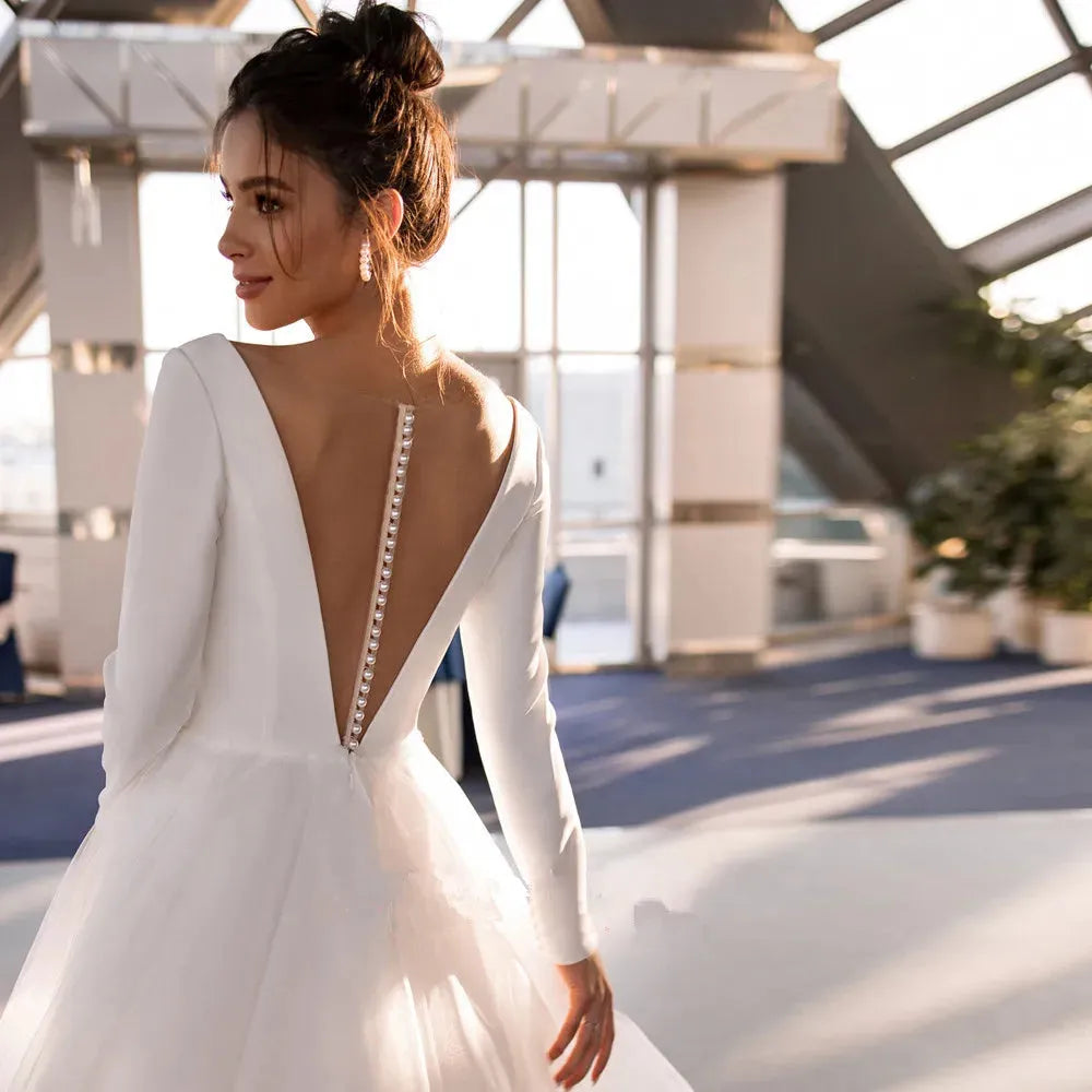 Simple Short Wedding Dress Women Tea Length A-line Long Sleeves White ivory Bridal Bride Gown Satin Tulle Vestidos De Noia