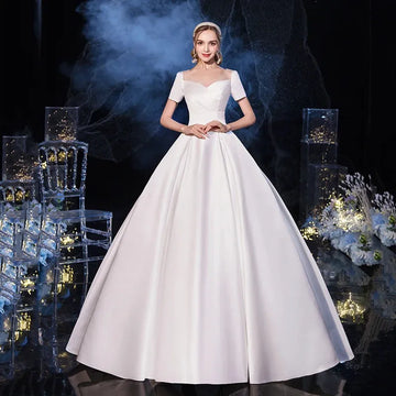 Vestido De Noiva Short Sleeve Classic Satin Lace Up Wedding Ball Gown Luxury Wedding Dresses Robe De Mariee