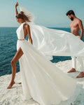 Wedding Dress Simple Beach Sexy Backless A Line Ivory White Chiffon Halter Neck Wedding Gowns Long Dress Formal Robe Party White