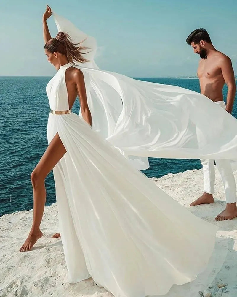 Wedding Dress Simple Beach Sexy Backless A Line Ivory White Chiffon Halter Neck Wedding Gowns Long Dress Formal Robe Party White