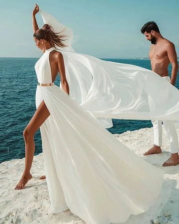 Wedding Dress Simple Beach Sexy Backless A Line Ivory White Chiffon Halter Neck Wedding Gowns Long Dress Formal Robe Party White