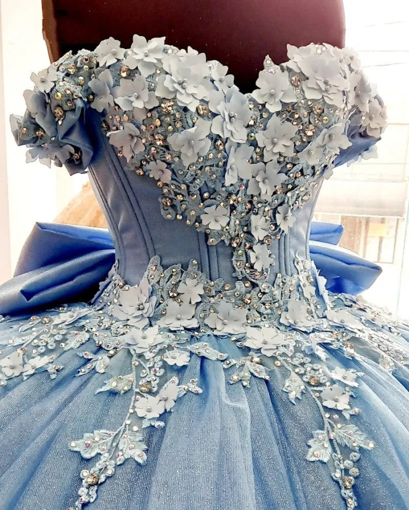 Sweetheart Dusty Blue Quinceanera Dress with 3D Floral Applique Off-Shoulder Vestidos Sweet 16 Dress Bow de soirée