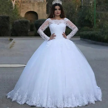 New Luxury Lace Wedding Dress Full Sleeve Ball Gown Plus Size Custom Made Princess Bridal Dress Lace Up Vestido De Novia Ivory