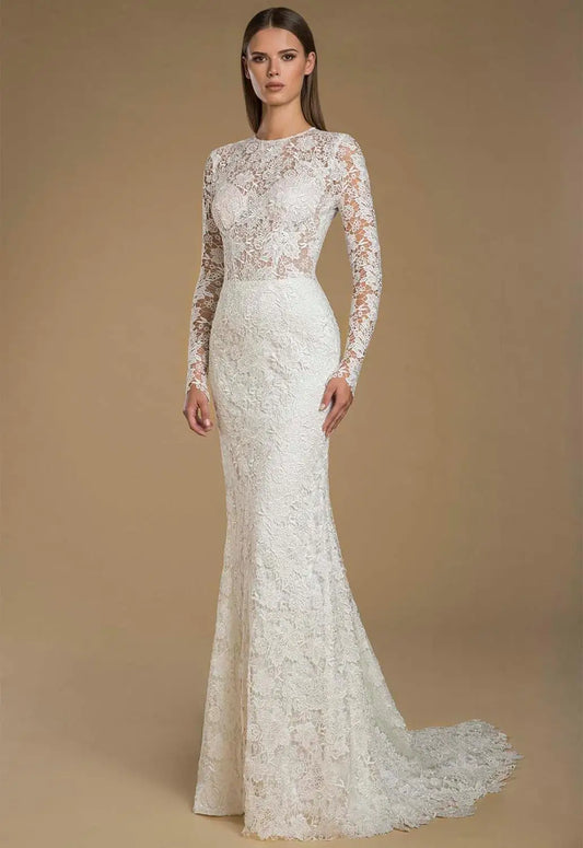 Wedding Dresses Jewel Long Sleeves Lace Appliques Bridal Gowns Custom Made Button Back Sweep Train Mermaid Wedding Dress