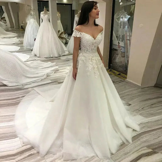 Off The Shoulder Lace Wedding Dresses For France Women Court Train A Line Robe De Soirée De Mariage Bridal Gown 50cm