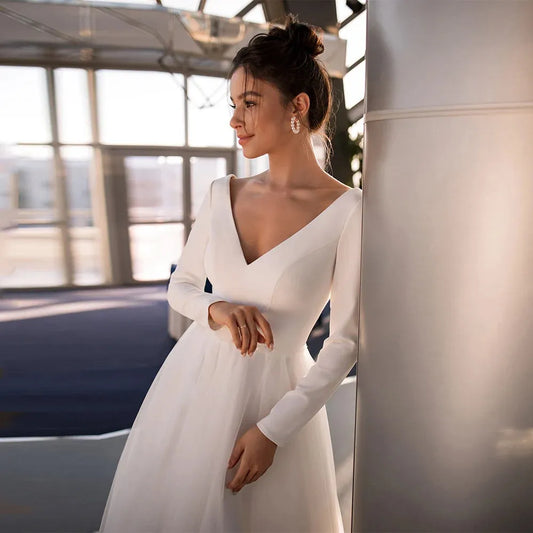 Simple Short Wedding Dress Women Tea Length A-line Long Sleeves White ivory Bridal Bride Gown Satin Tulle Vestidos De Noia