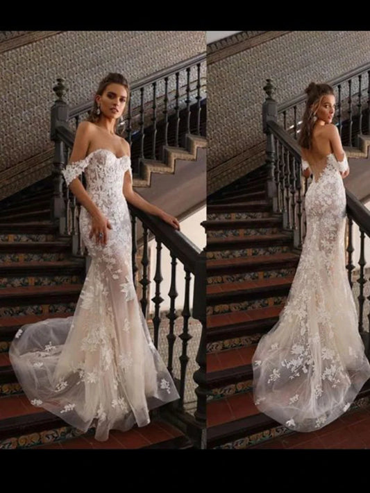 Beach Wedding Dress Sexy Sweetheart Lace Appliques A Line Wedding Dresses Tulle Off Shoulder Sleeveless Wedding Gowns for Brides