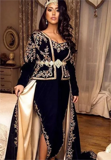 Mermaid Traditional Algerian Dress Velvet Long Sleeve Outfit Applique Lace Chalka Prom Gowns Muslim Formal Party