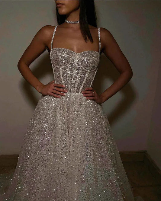Glitter Shinny Wedding Dresses Plus Size Princess Spaghetti Straps Bridal Formal Gowns Corset Wedding Gown