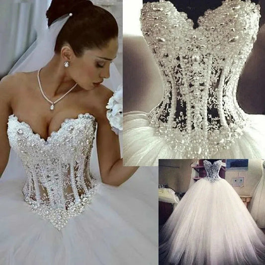 New Princess Vestido De Noiva Ball Dresses Sweetheart Fluffy Lace Beading Crystal Luxury Vintage Wedding Gowns Ivory