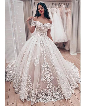 Gorgeous Lace Ball Gown Wedding Dresses Latest Sweetheart Off The Shoulder Appliques Lace Up Back Muslim Bride Wedding Gown Ivory