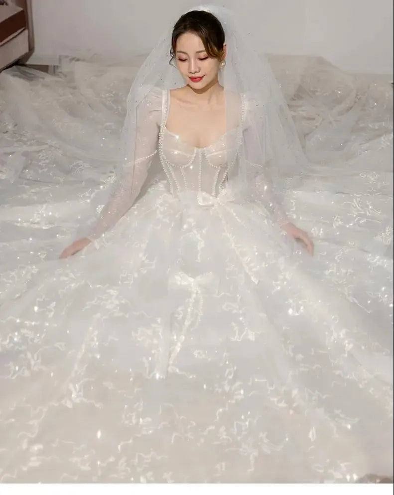 Classic Full Sleeve Wedding Dress Shining Sequins Pearl Ball Gown Plus Size Custom Made Luxury Bridal Dresses Robe De Mariee